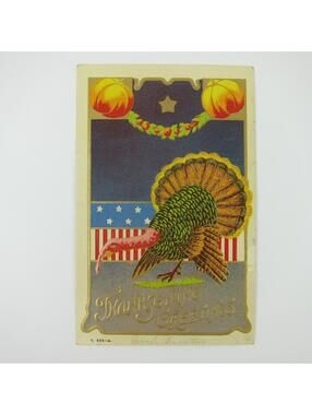 Thanksgiving Postcard Wild Turkey Pumpkin Garland Gold Embossed Antique 1908